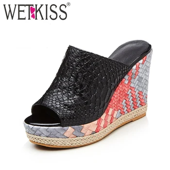 

WETKISS Designer Shoes Women Mules Summer Slippers 11 cm Stitching High Wedges on Platform Sexy Peep toe Shoes Woman Slides
