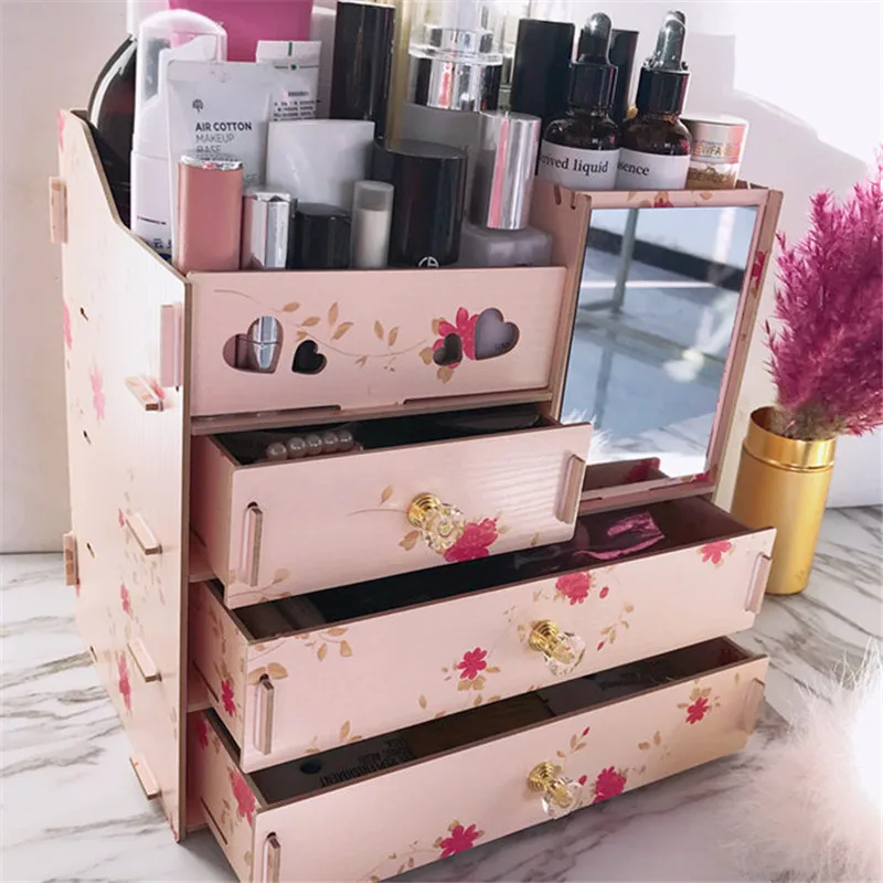 1 шт. большая емкость DIY деревянная коробка для хранения макияжа с зеркалом контейнер для ювелирных изделий Органайзер для хранения косметики Органайзер коробка