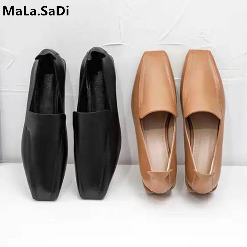 

New Fashion Seasons Flats Square Toe Soft Cow Genuine Leather Women Comfortable Casual shoes Office Ladies Party Dress Shoes