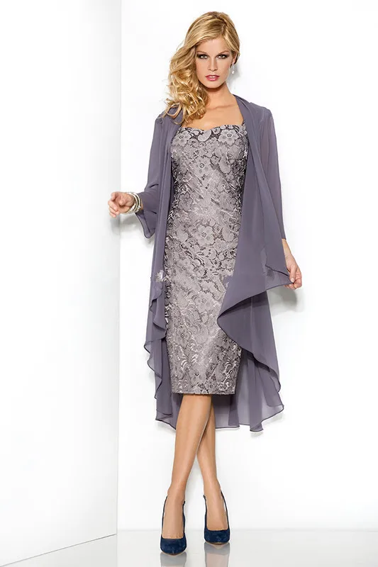 2016 Mother Of The Bride Dresses Knee Length Gray Lace Chiffon 2016 Mother Of The Bride Dresses Knee Length Gray Lace Chiffon Jacket Wedding Guest Outfit Formal Party Gown Plus Size Handwork In
