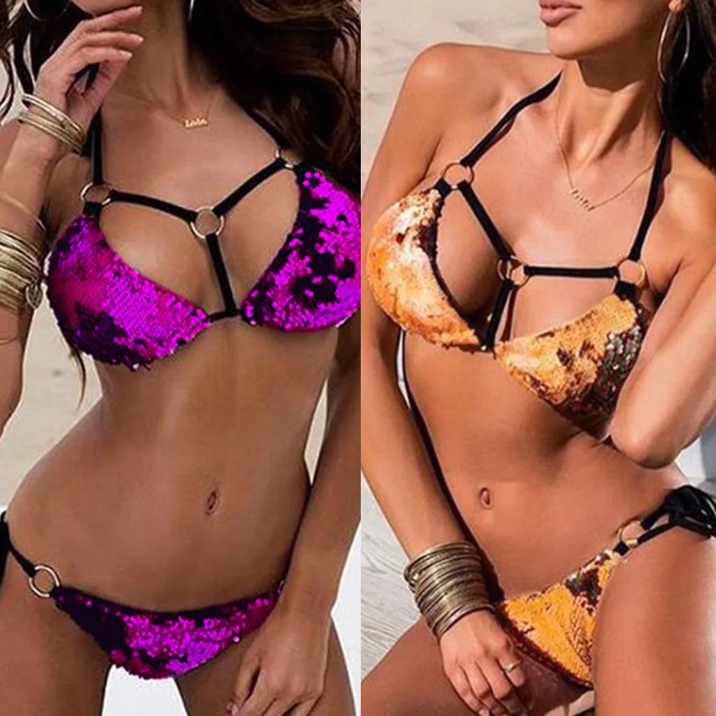 

Sparkling Sequin Bikini Set Women's Sequin Rhinestone Crystal Diamond Cross Bandage Push-up Low Waist Bandeau Swimsuit Swimwear