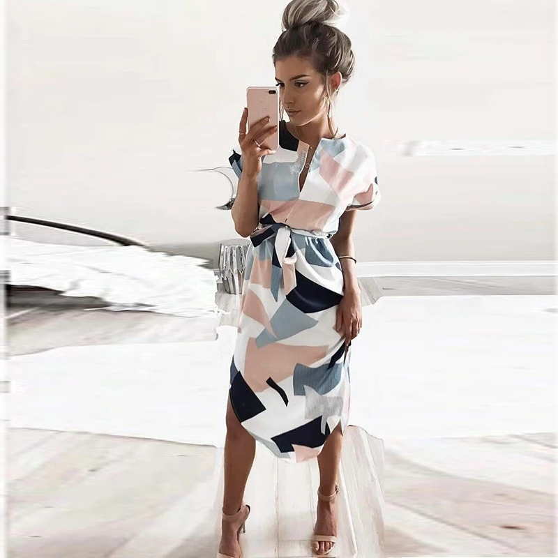 

2018 Summer Dress Lady beach out female V neck Maxi Geometric Output Beach Dress Women's Retro dress With Belt Vestidos