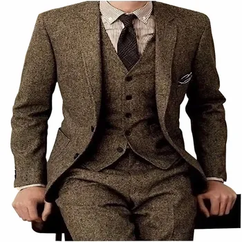 

Custom Wool men's suit Brown Tweed Formal Business Set Gentle Groom Wedding Dress Blazer Suit 3 Pieces(Jacket+Pants+Vest)