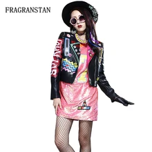 Женская весенне-осенняя тонкая кожаная куртка с буквенным принтом со стоячим воротником и заклепками женская короткая модная куртка на молнии в стиле панк JQ122