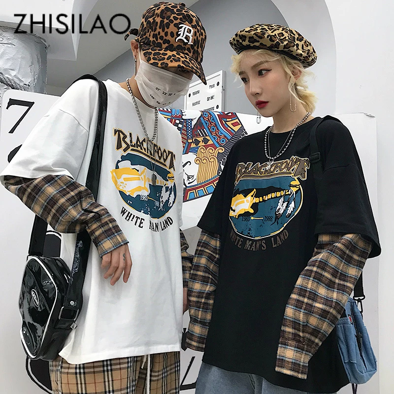

Fake 2 Pics Harajuku Plaid Women Tshirt 2019 Plus Size Long Sleeve Women Tops Patchwork Women Tshirt Fashion Tee Shirt Femme