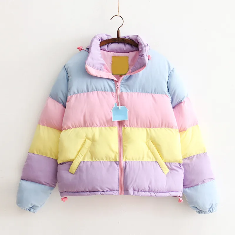 Tanie Harajuku Rainbow kurtki z odpinany kaptur dla kobiet cały mecz gruba odzież luźna tęcza kolor splotu płaszcze dla kobiet