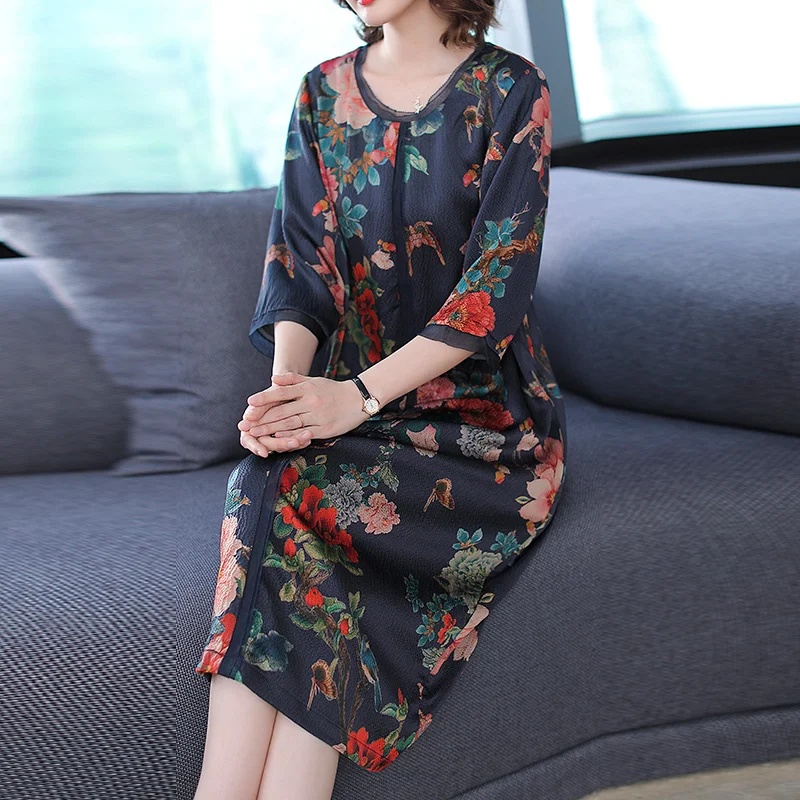 

2019 Navy Blue Plus Size Silk Dress for Women High Quality Xxl Xxxl 4xl 5xl Flowing Print Elegant Vintage Loose Party Clothing