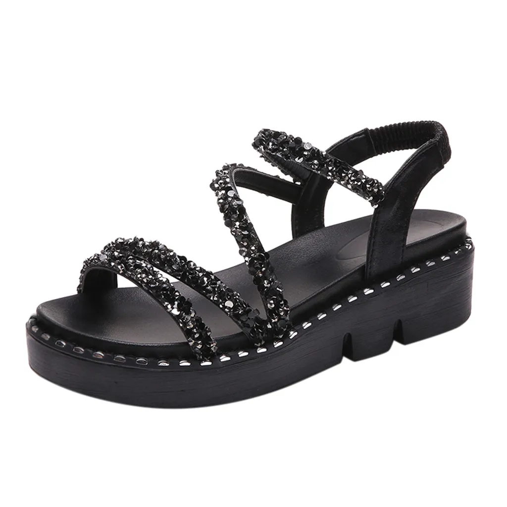 

SAGACE 2019 new summer women's elastic band with rhinestone solid color wedge with elastic band casual shoes sandals