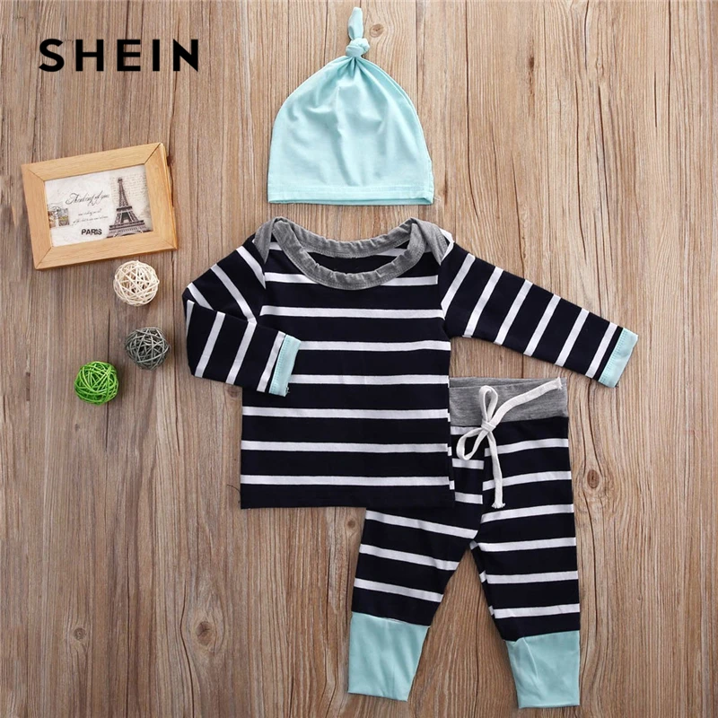 SHEIN Kiddie Toddler Boys Baby Boat Neck Striped Tee And Pants Set With Solid Hat Kids 2019 Spring Long Sleeve Casual Suit Sets SHEIN Kiddie Toddler Boys Baby Boat Neck Striped Tee And Pants Set With Solid Hat Kids 2019 Spring Long Sleeve Casual Suit Sets