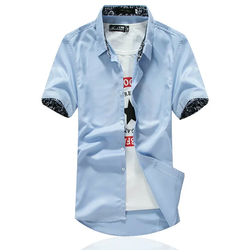 Chic Blue Летняя мужская рубашка с коротким рукавом, Корейская тонкая Молодежная однотонная Модная белая рубашка, Студенческая рубашка с коротким рукавом - Цвет: Chic Blue