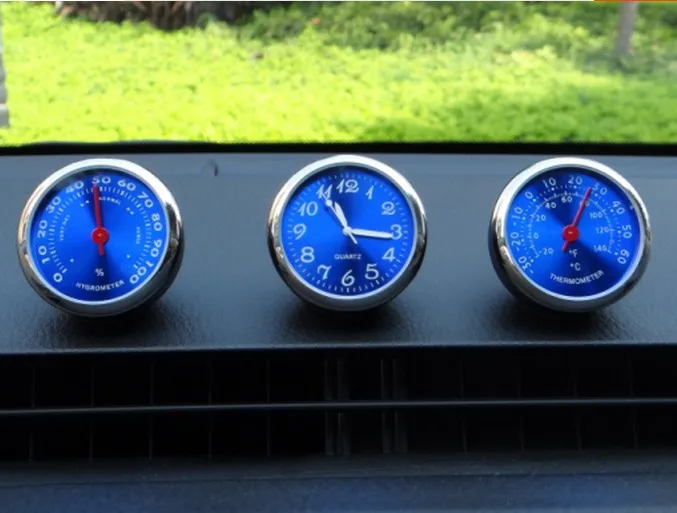 

Fast Free Shipping 3pcs/Lot New Arrival Mini Blue Steel Core Automobile Quartz Clock Hygrometer And Thermometer Car Desk Clock