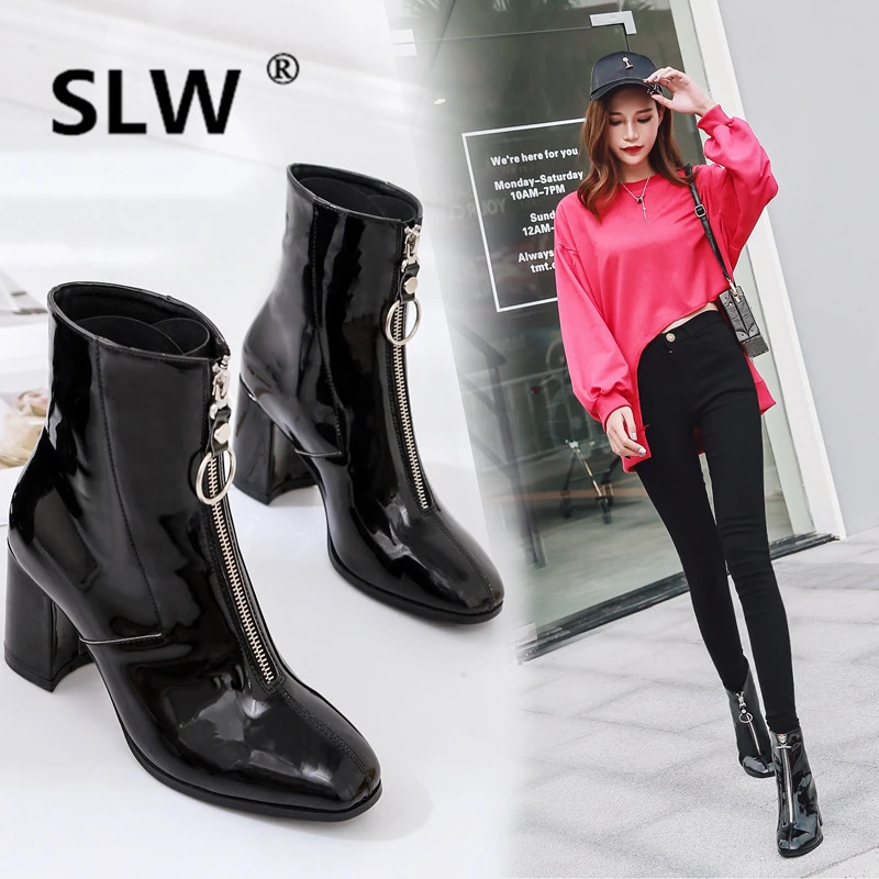 

Shoes Bootee Woman 2019 Winter Boots Chunky Heel Round Toe Zipper For Ankle Women Booties High Black Med Cotton Fabric Hoof