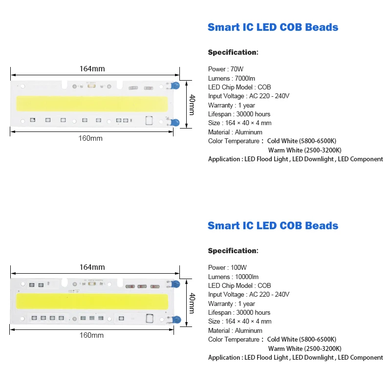 10 шт. Smart IC чип COB светильник 30 Вт 50 Вт 70 Вт 100 220V светодиодный матричный потолочные светильник COB диод нет необходимости в драйвере открытый светильник ing DIY Спортивные светильник