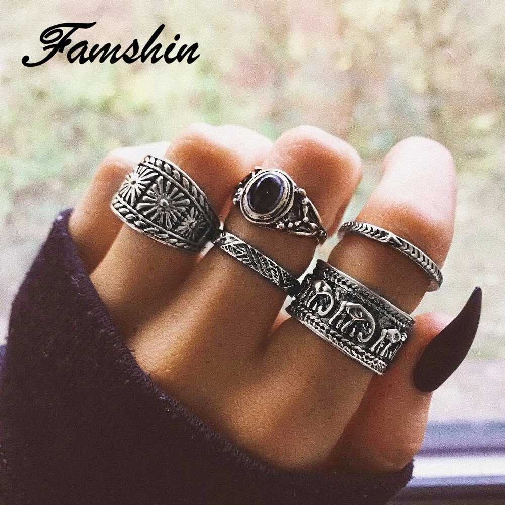 FAMSHIN винтажные кольца в стиле панк средней длины набор античного серебристого