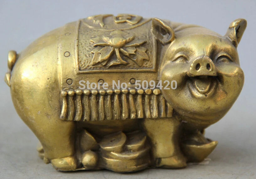 

5" Old Chinese Fengshui animal Pure Brass Zodiac Year Pig Coin wealth Statue