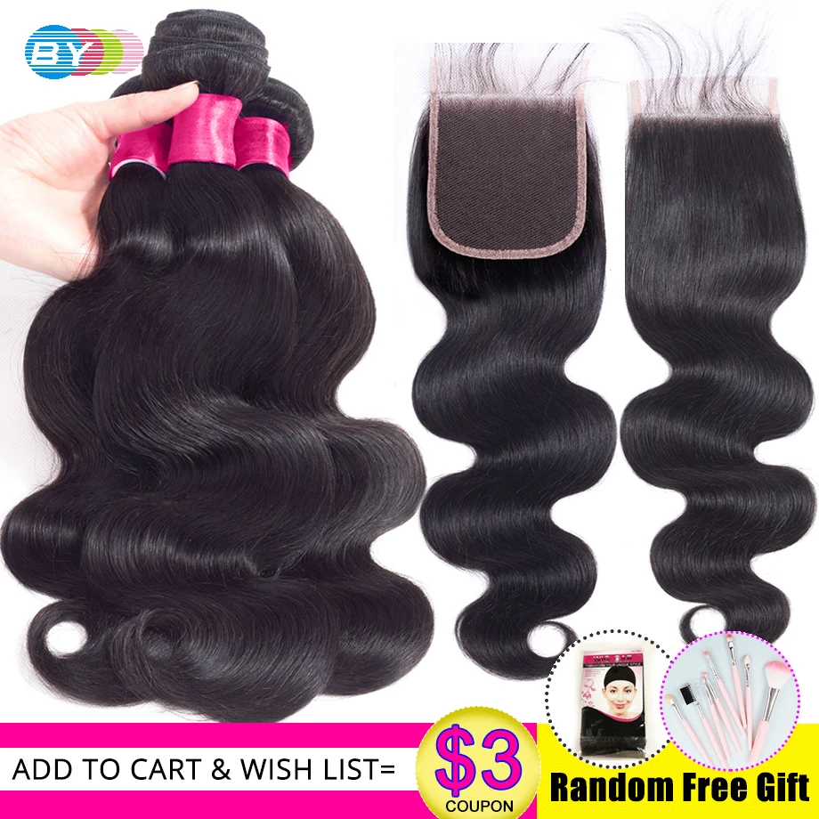 

BY Peruvian Hair Bundles with Closure Body Wave Bundles with Closure With Baby Hair 4Pcs Remy Human Hair Extension