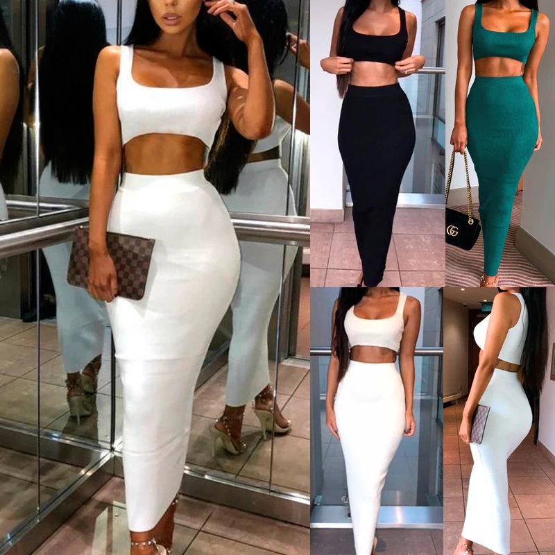 

2019 Hot Women 2 Piece Set Solid Color Long Skirt Ribbed Cropped Tops Sleeveless Vest for Party CGU 88