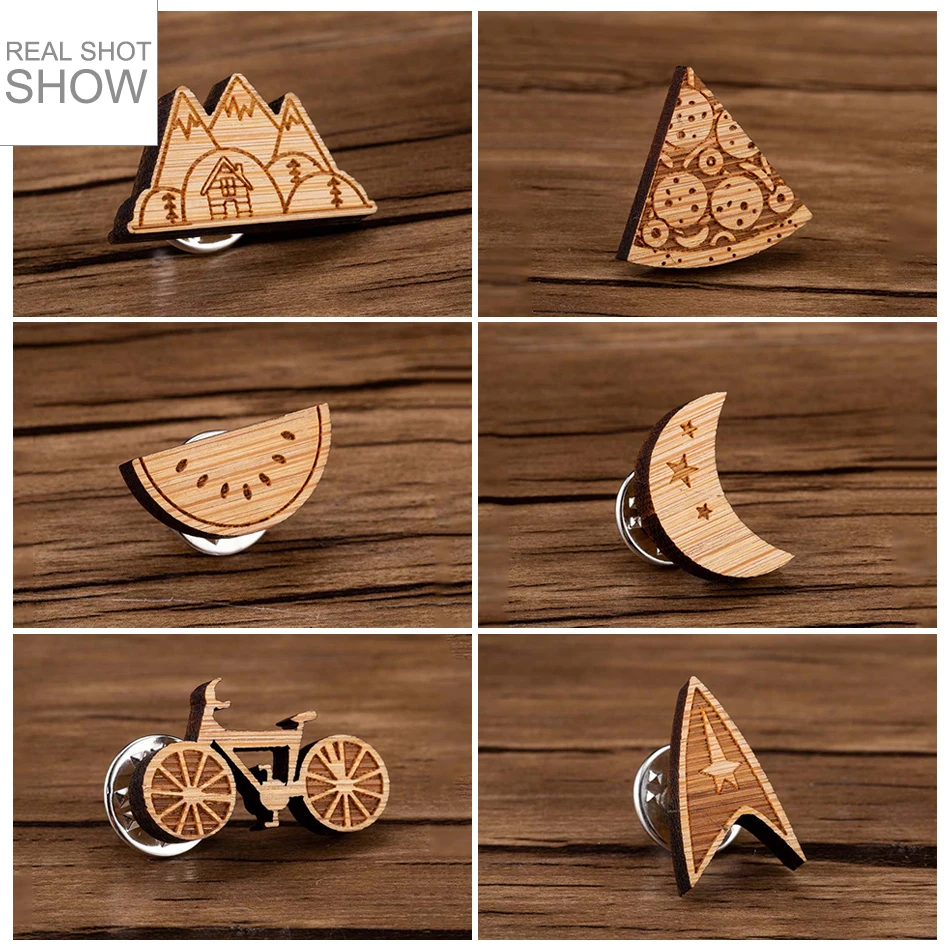 

Sasusp Wood Spaceship Bike Watermelon Moon Mountain Brooch Pins Simple Brooches Jewelry for Women Men and Kids