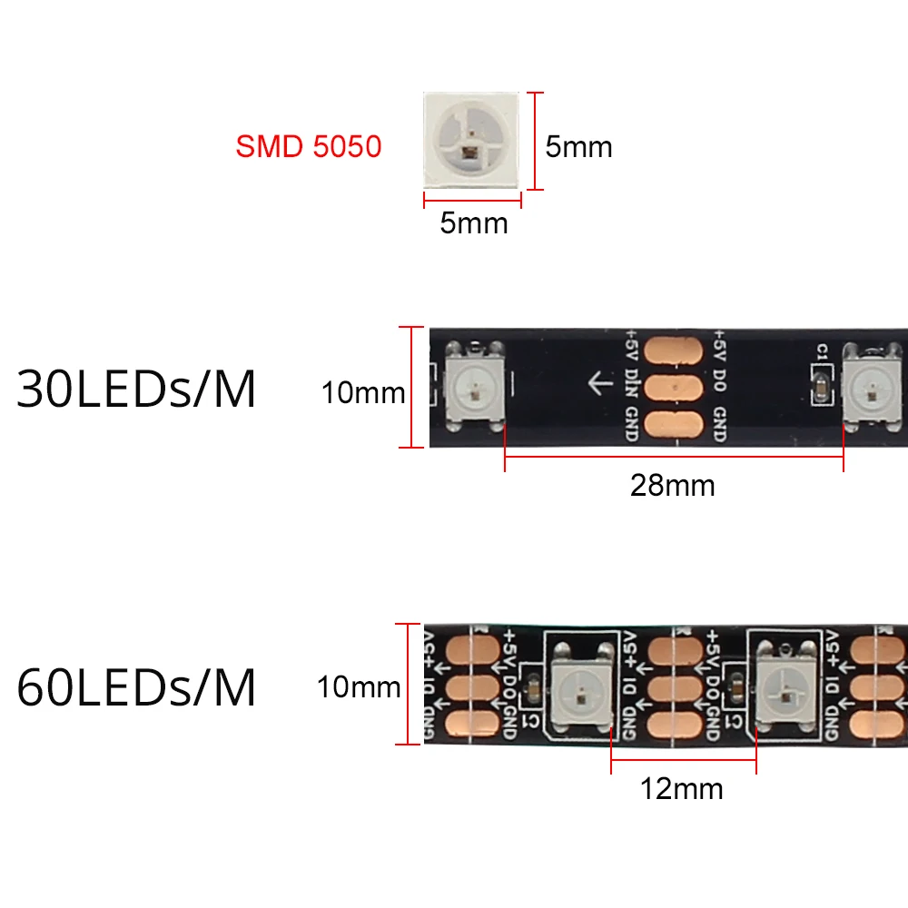 WS2812B Светодиодная лента индивидуально Адресуемая RGB смарт Пиксельная 1 м/2 м/3 м