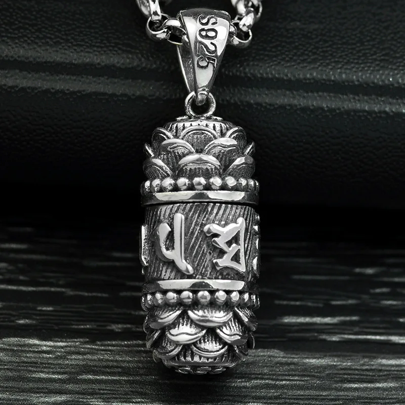 

Retro Solid Real 925 Silver Sterling Necklace vintage Buddha Fashion Tibetan six words mantra pendant necklace