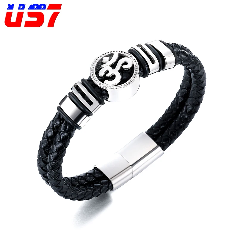 

US7 Handmade Genuine Leather Islamic Bracelets & Bangles Stainless Steel Clasp Charm Arabic Bracelet Bangle for Men Jewelry Gift