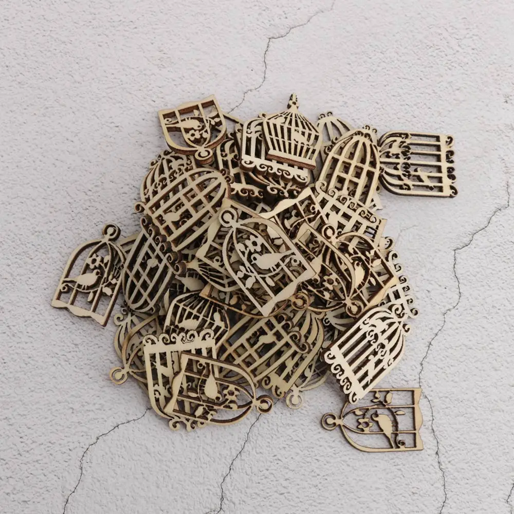 

50pcs/set Hand-made Wooden Cutout Bird Cage Shape Disc Scrapbooking Arts & Crafts Party Wedding Home Wood Ornament Craft Gift