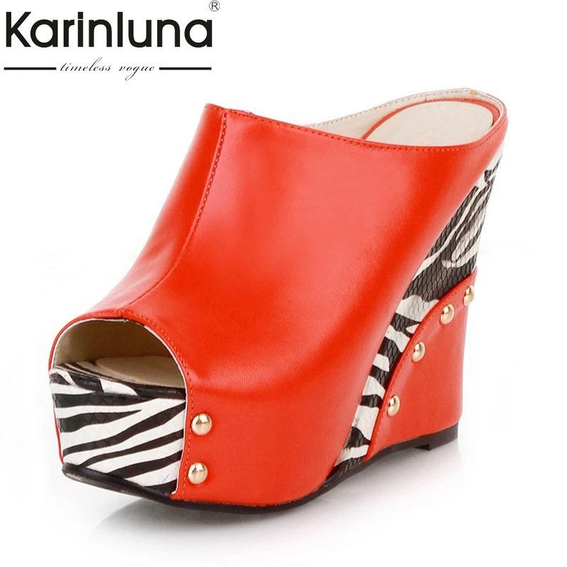 

Karinluna Women's Punk Rivet High Heel Wedge Summer Shoes Woman Open Toe Platform Slippers Big Size 32-43