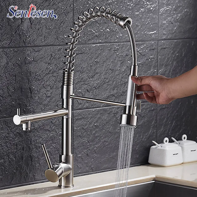 Cheap Luxury Brushed Nickel Spring Kitchen Faucet Single Handle Single Hole Double Spray Spring Vessel Sink Mixer Tap 