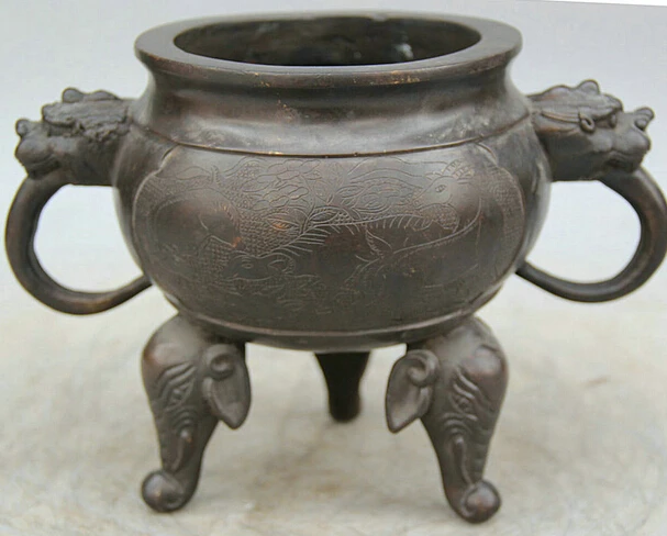 

JP S61 9" Marked Chinese Bronze scenery elephant Head Lion handle Incense Burner Censer Discount 35%