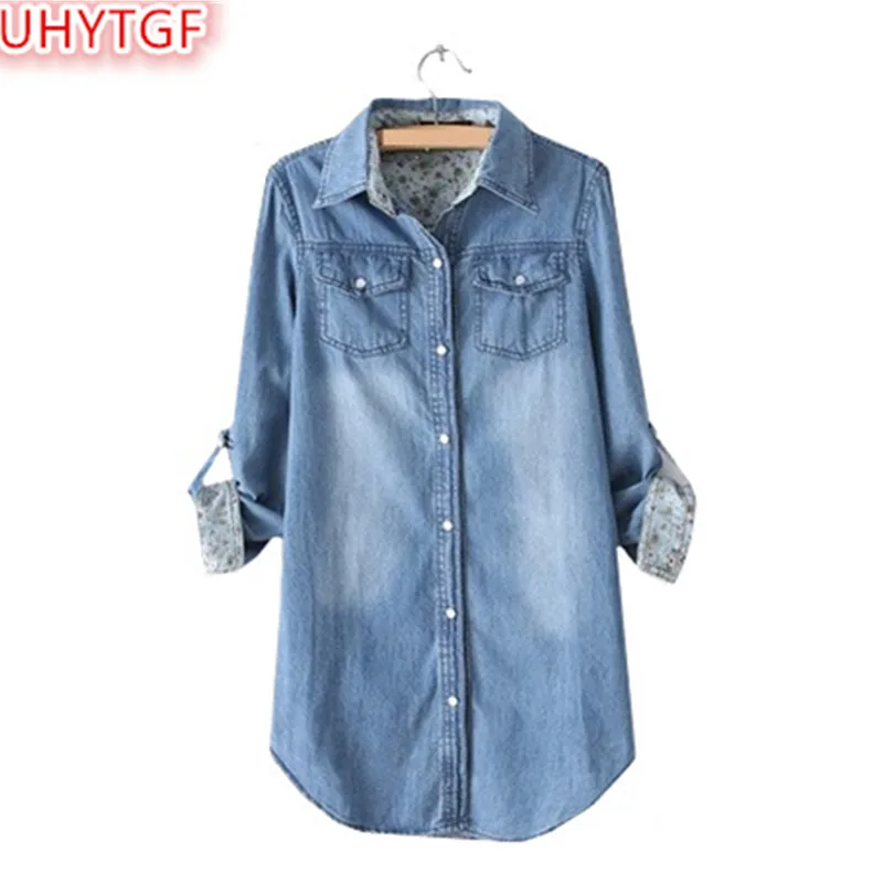 

UHYTGF Korean style Spring Women's Denim Jacket Windbreaker 2018 New Befree Plus size Long Jeans Jacket Harajuku Ladies Coat155
