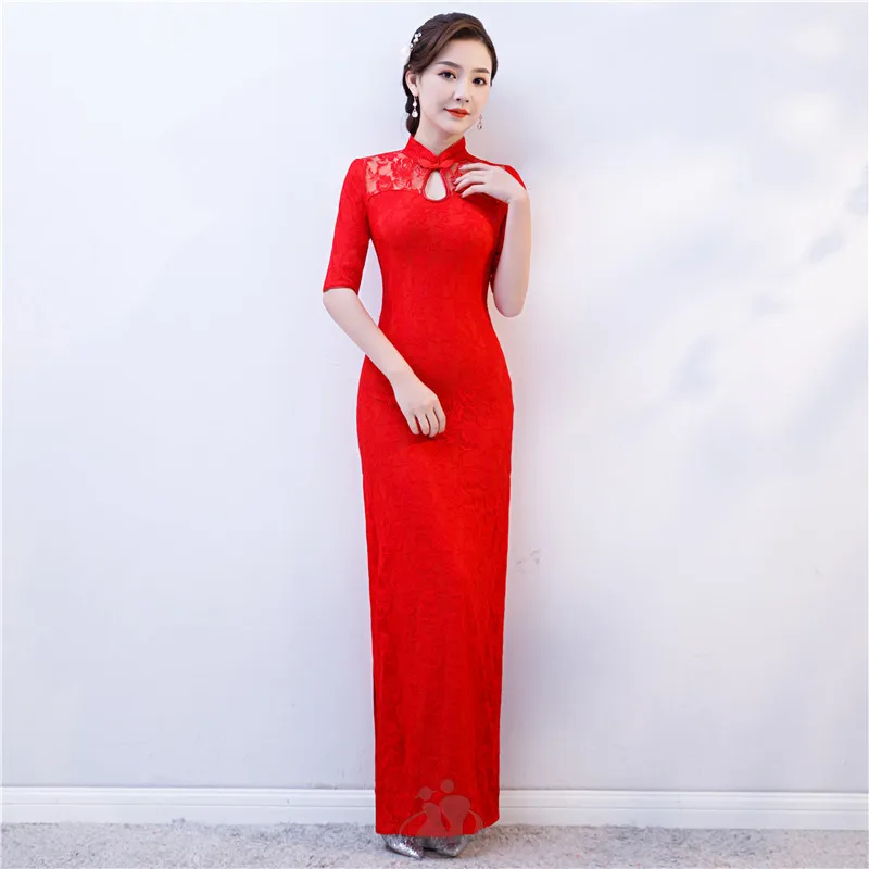 

Chinese Bride Wedding Dress Toast Clothing Traditional Lace Sexy Cheongsam Vintage Women Stage Show Gown Oversize Qipao 3XL 4XL