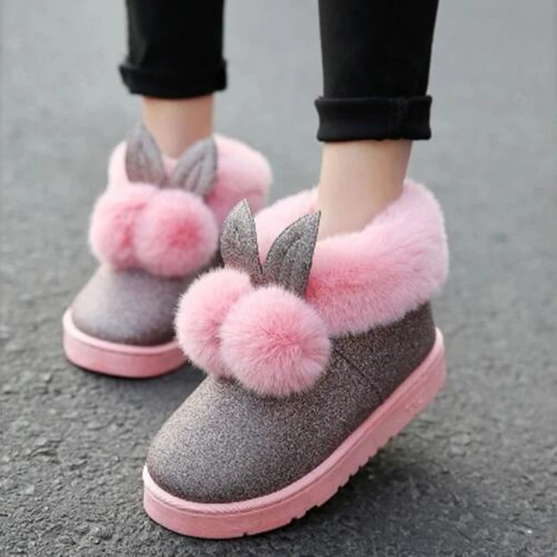 

winter new women boots rabbit ears cute boots waterproof velvet thick warm cotton shoes slip on casual snow boots