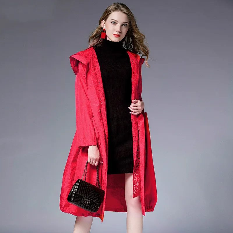 

TUHAO 2019 Spring Long Trecn Coat Women Loose Slim Waist Solid Color Lace Patchwork Windbreaker Hooded Plus Size Overcoat TP7003