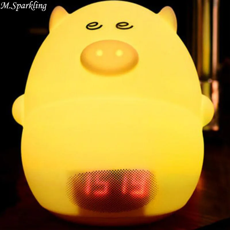 M.Sparkling Pig Clock Night Light Colors ONE TOUCH Silicone Desk Clocks