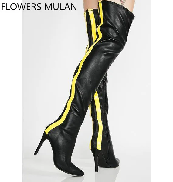 

2018 New Winter Real Leather Boots Women Chic Pointed Toe Side Zip Mixed Color Back Two Yellow Striped Black Ladies Long Boots