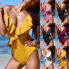 Женский купальник желтый цельный купальник Falbala с v-образным вырезом и оборками сексуальный Монокини женский пляжный купальник