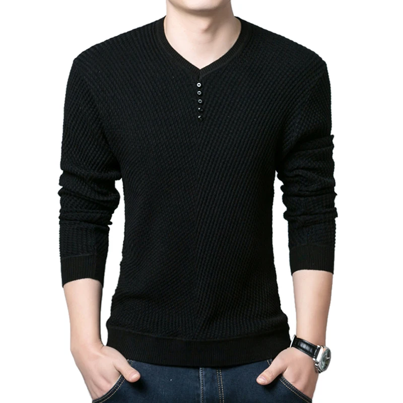 

V-Neck Fashion Men Casual Pullover Male Warm Slim Fit Long Sleeve Mens Knitted Sweaters Autumn Botton Solid Sweater