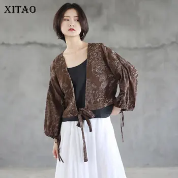 

XITAO Literary Print Linen Sunscreen Blouse Nine Quarter Sleeve Bandage Women Clothes 2019 New Cardigans Loose Fashion WLD1974