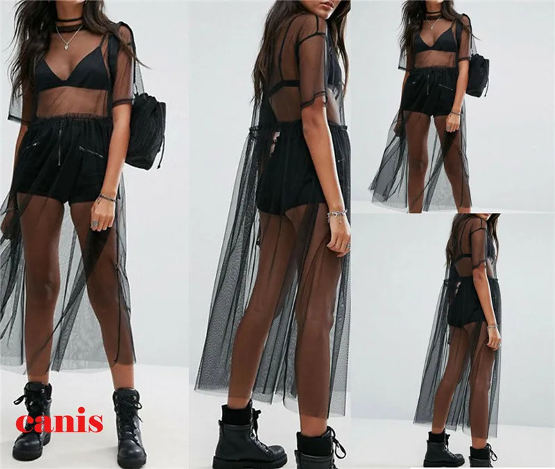 

Women Sexy Black See-through Mesh Top Summer Sheer Long T-shirts