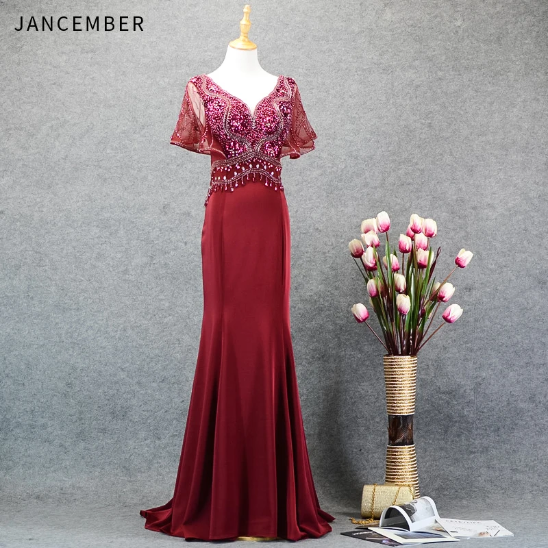 

JANCEMBER платье пышное девочке Beading Crystal Pattern Sequined Half Sleeve Backless Scalloped Court Train Mermaid New rochii