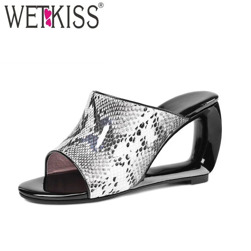 

WETKISS High Heels Ladies Slippers Open Toe Slides Strange Style Genuine Leather Snake Footwear Casual Summer Mules Ladies Shoes