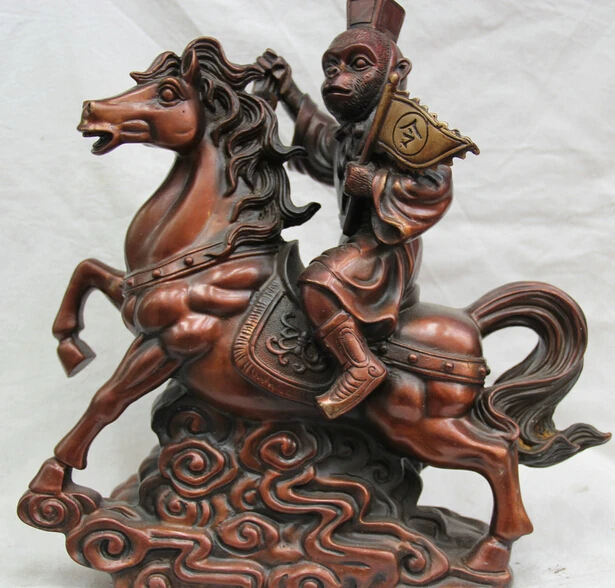 

JP S0522 13" Chinese Bronze Monkey King ride Pegasus Zodiac Year Horse Statue sculpture B0403