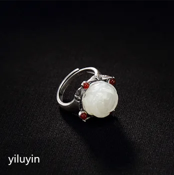 

KJJEAXCMY boutique jewelry S925 Sterling Silver gilded antique inlaid and field jade white jade plum blossom ring finger ring