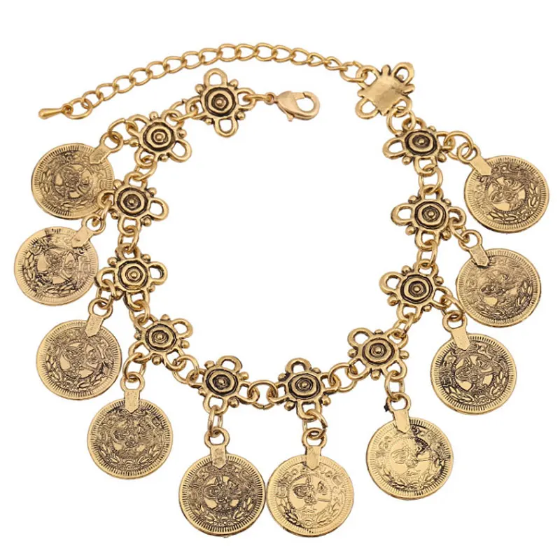 Party Hippy Boho Beach Turkish Jewelry Gold color Coin Vintage Bohemia Carved Coin Bracelets Bangles for Woman Pulseras Bracelet Jewelry