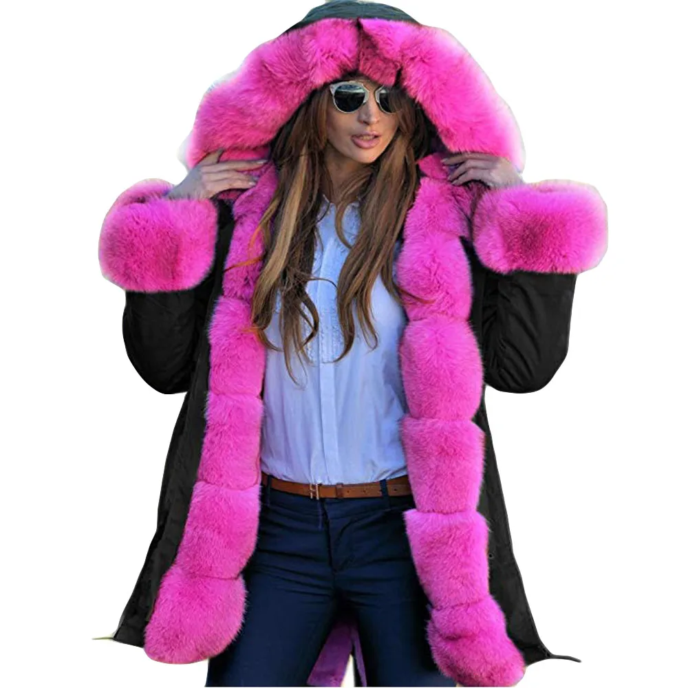 Newly Womens Faux Fur Winter Jacket Parka Hooded Coat Fishtail Overcoat Oversize Long Sleeves Coats Dropship Nov.2 - Цвет: Pink