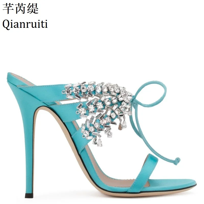 

Qianruiti Summer Studded Crystal Stiletto Heels Women Sandals Open Toe High Heels Gladiator Shoes Rome Style Lace-Up Women Pumps