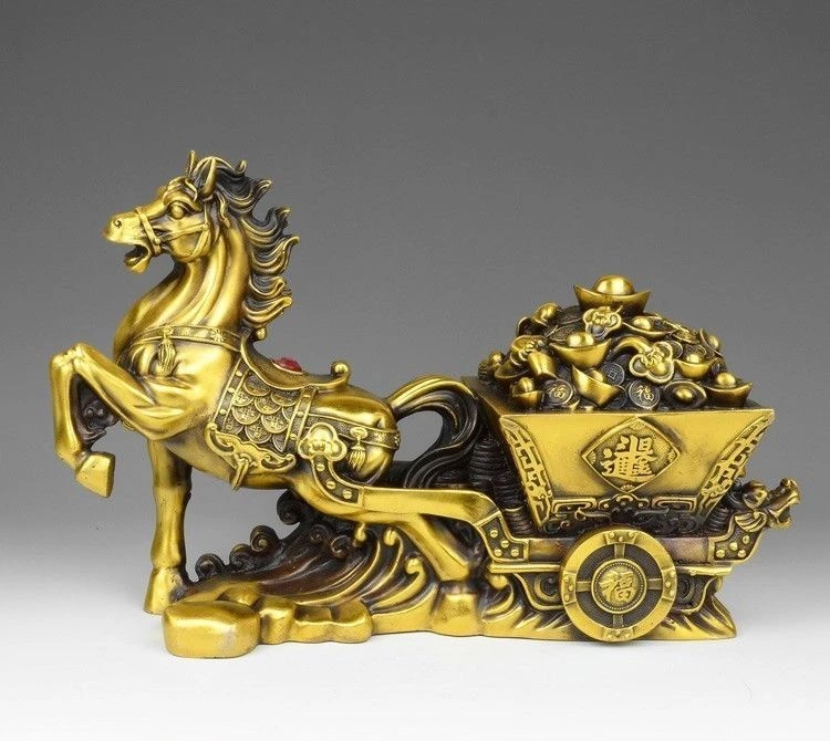 

10 China Brass Fengshui Yuanbao Wealth Horse Carriage Cart Art Decoration Statue
