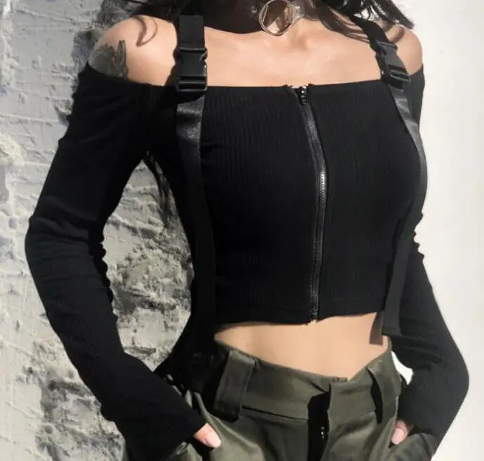 Summer Women Sexy Off Shoulder Buckle Belt Blouse Sexy Cotton Breathable Solid Color Front Zipper Sun Tops