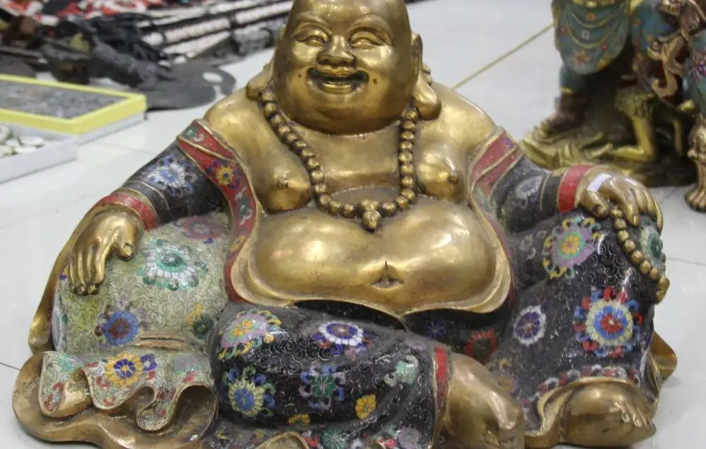 

23"China Cloisonne Bronze Gild Seat Happy Laugh Maitreya Buddha Money Bag Statue
