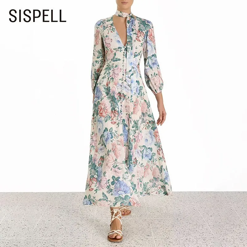 

SISPELL Prairie Chic Print Dress For Women Lantern Long Sleeve V Neck Lace Up Slim A Line Dresses Female Fashion New 2019 Summer